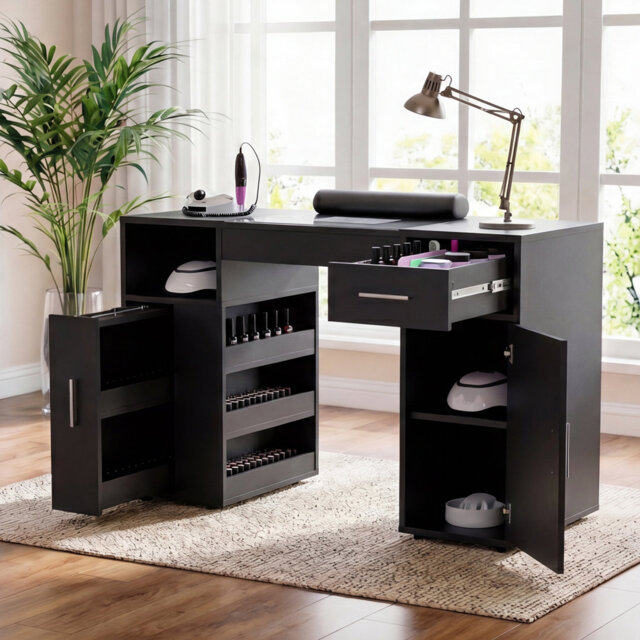 Nail Desk,Professional Manicure Table with Wrist Rest&Drawers&Cabinet,Nail Station Beauty Tech Desk with Electric Dust Collector&Dust Bags,Glass Table