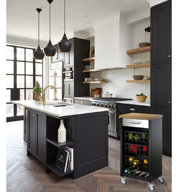 York 48cm W Kitchen Trolley with Elm Wood-Effect Top and Locking Wheels
