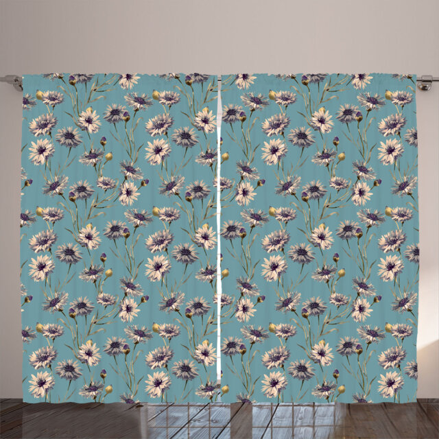 Rustic curtain, cornflower print, vintage flowers, cadet blue plum camel