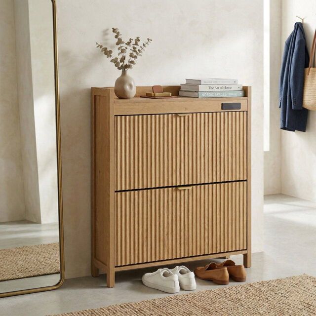 Modern 2-Tier Wooden Shoe Storage Cabinet with Slatted Doors