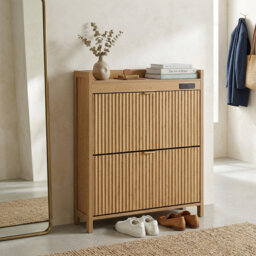 Modern 2-Tier Wooden Shoe Storage Cabinet with Slatted Doors