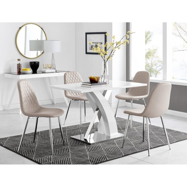 Marietta Chrome Metal and White High Gloss Dining Table Set - 4 Luxury Faux Leather Dining Chairs