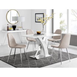 Marietta Chrome Metal and White High Gloss Dining Table Set - 4 Luxury Faux Leather Dining Chairs