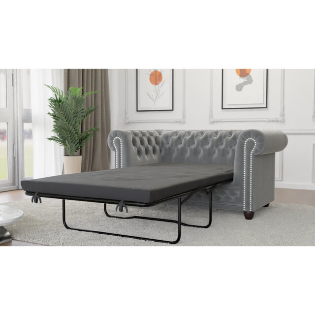 Chesterfield Hanna 2 Seater Sofa with Sleeping Function Made of Velvet Fabric with Solid Wood Legs