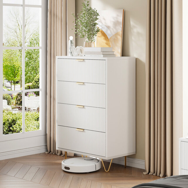 5 Drawers Dresser, Modern Wood Chest With Deep Drawers And Gold Legs, Large Storage Organizer Cabinet For Living Room, Bedroom, Hallway, White