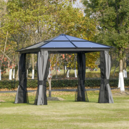 3 x 3m Outdoor Hardtop Gazebo with Polycarbonate Roof, Aluminium Frame, Dark Grey Privacy Curtains and Mosquito Netting for Patio Deck and Garden Use