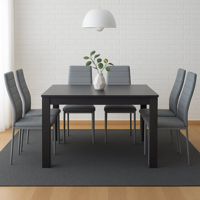 Modern Dining Table Set with 6 Grey Faux Leather Chairs Dining Room Furniture