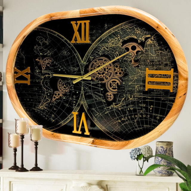 Wall Clock with Real Moving Gears PO-LI_ 27 in Round WOOD-BLACK