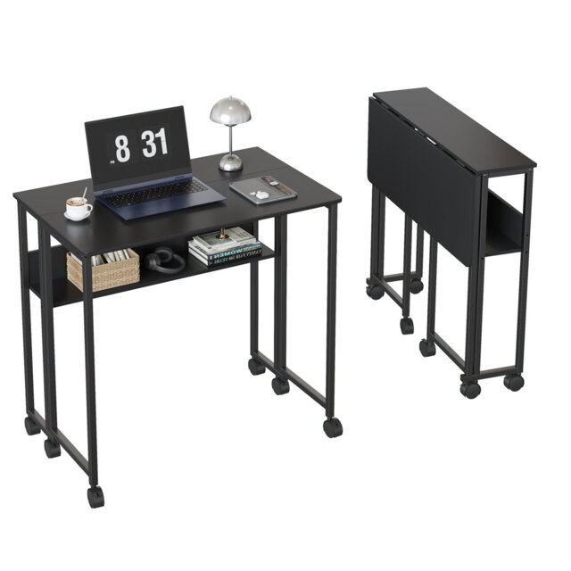 Space-Saving Folding Desk with Storage Shelf and Wheels – Sturdy Collapsible Computer Table – Easy Assembly – Compact Portable Writing Workstation for