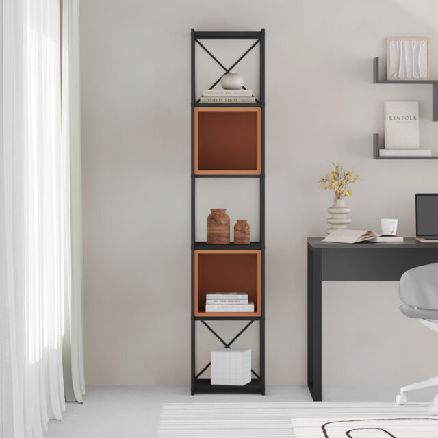 5-Shelf Slim Display Bookcase with Cross Metal Frame