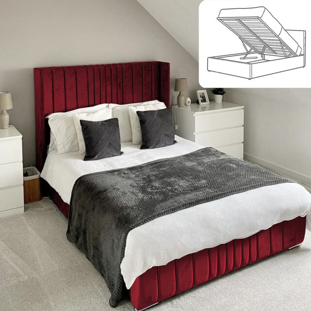Vista Wingback Ottoman Storage Bed - Plush Velvet Gas Lift Bed Frame with Headboard