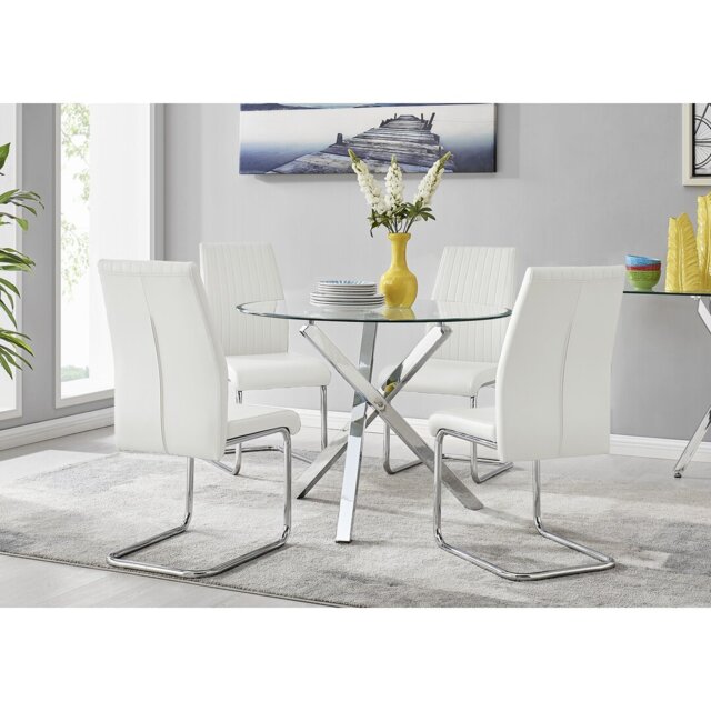 Seline Modern Round Dining Table Set in Glass and Chrome with 4 Upholstered Faux Leather Chairs