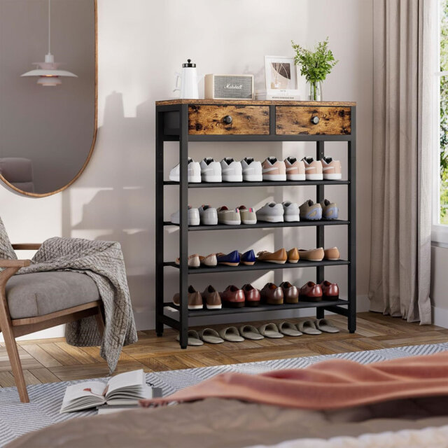 5 Tier Shoe Rack With 2 Drawers,12-16 Pairs Of Shoes,Sturdy Metal Frame,Rustic Brown And Black