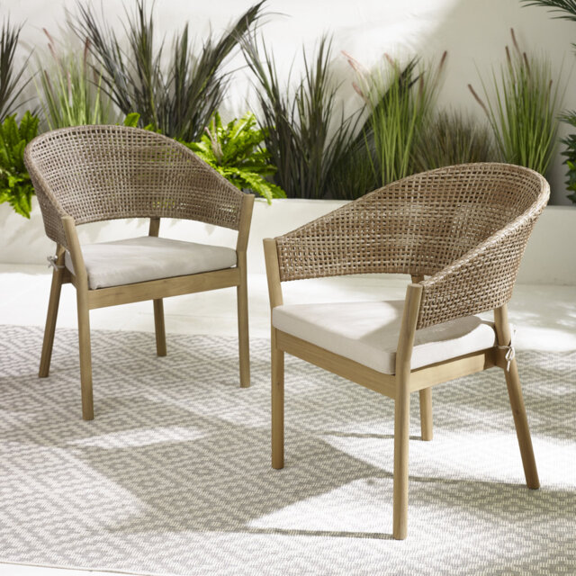 Amanzhan Set of Outdoor Wood and Wicker Garden Dining Chairs - Natural Solid Wood for Modern Garden