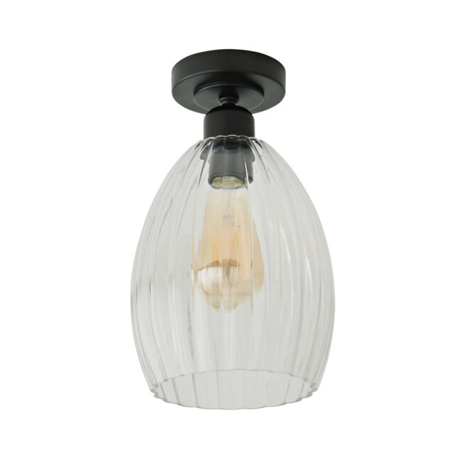 Dejanea Matte Black Clear Ribbed Glass Dome Flush Ceiling Light with Bulb