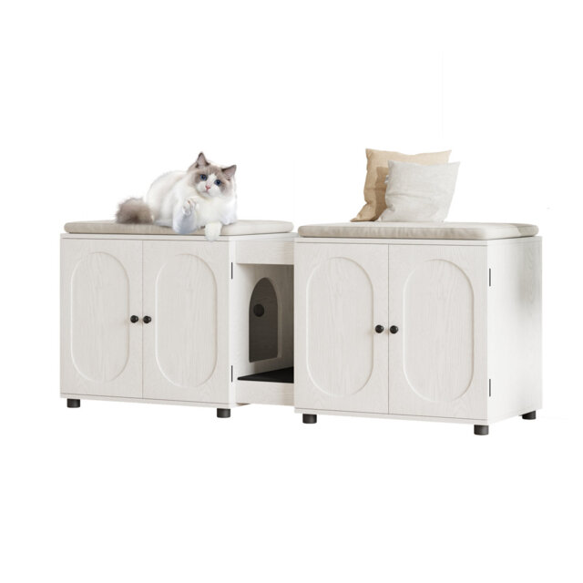 Extra Large Double Cat Litter Box Enclosure for 2 Cats - Hidden Cabinet with Ventilation, Litter-Trapping Mat & Upper Storage, Multi-Purpose Pet Side