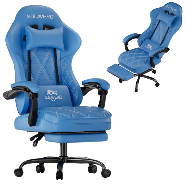 Ergonomic Gaming Chair with Massage Lumbar Pillow & Footrest, Linkage Armrest Reclining Office Chair, Breathable PVC Leather Computer Desk Chair, Mult