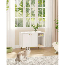 Cat Litter Box Enclosure, Hidden Litter Box Furniture with Scratching Mat, Wooden Pet House Side End Table, Tall Legs, Double Doors, 80 x 50 x 61 cm,