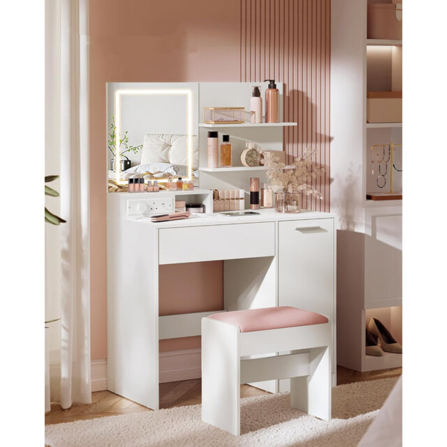 KAILYN Collection - Dressing Table With LED Lights And Power Outlet, Vanity Table With Mirror, Adjustable Shelves, 1 Drawer, 2 Open Shelves, Modern Ma