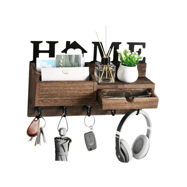 Decorative Wooden Key Rack with Black Steel Finish for Wall Organisation Brown