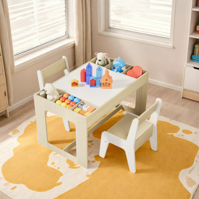 Children's Seating Set With Storage Space, Children's Table With 2 Chairs, Children's Table Chair Set With Reversible Table Top, Children's Desk For C