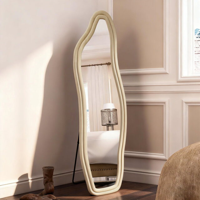 Flannel Full Length Mirror, Metal Frame Irregular Wall Mounted Floor Mirror Standing Wavy Mirrors For Bedroom Entrance Hallway, Hanging Or Against The