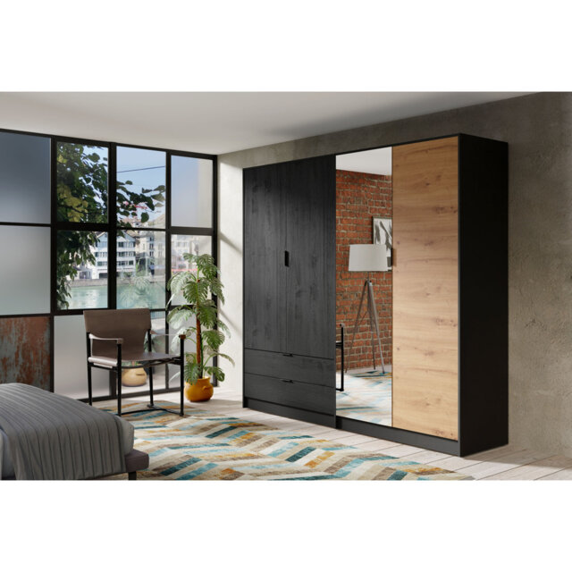 Wardrobe with 4 doors, 2 drawers, mirror, shelves and clothes rails, dimensions WxHxD: 220x203x54.