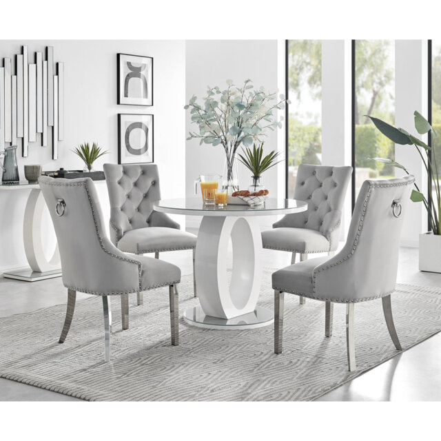 Scottsmoor Modern High Gloss & Glass Dining Table with 4 Luxury Velvet Dining Chairs