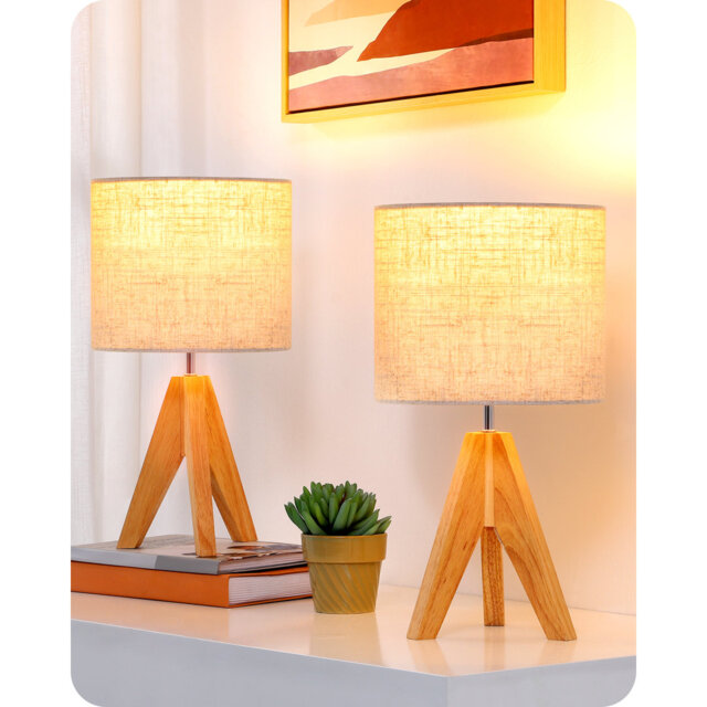 36CM Natural Wood Tripod Table Lamp with Linen Shade,Included LED Bulb