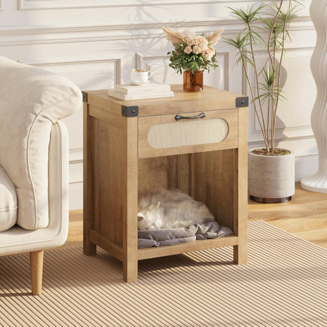 Rattan Night Stands Farmhouse Bedside Table Night Stand with Drawer and Open Shelf Boho End Table for Living Room Bedroom Natural