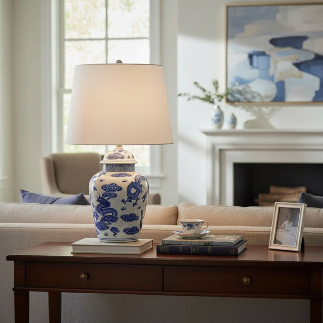 Blue and White Floral Ceramic Table Lamp - Hand-Finished Decorative Accent Lamp Shade for Bedroom or Living Room
