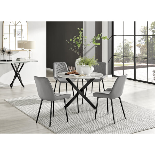 Tierra Modern Chrome Metal & Glass Round Dining Table Set with 6 Luxury Faux Leather Chairs