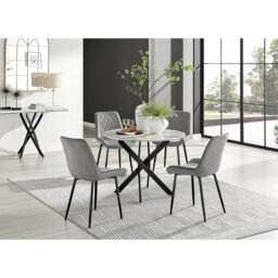 Tierra Modern Chrome Metal & Glass Round Dining Table Set with 6 Luxury Faux Leather Chairs