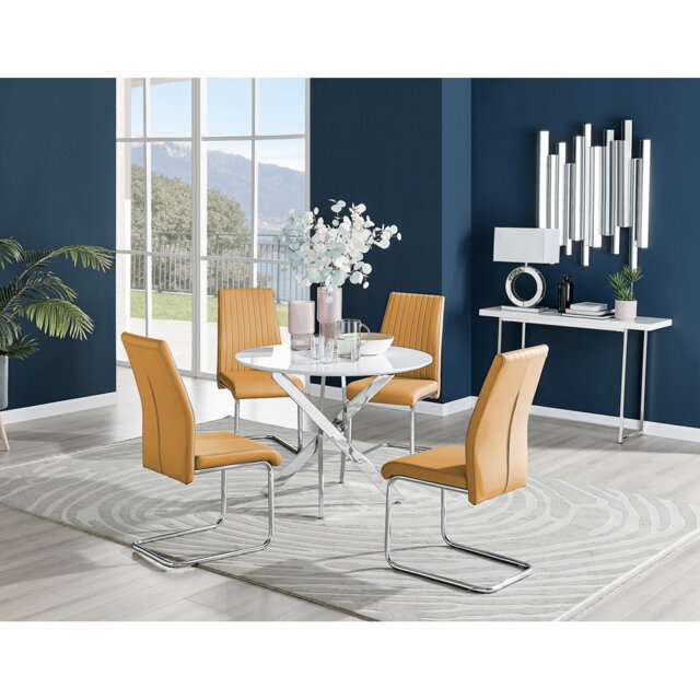 Tierra Modern Chrome Metal & Glass Round Dining Table Set with 4 Upholstered Faux Leather Chairs