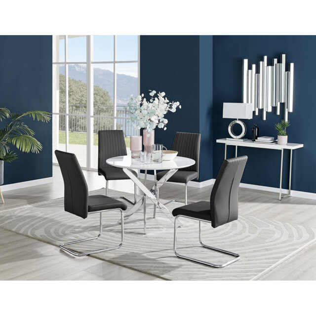 Tierra Modern Chrome Metal & Glass Round Dining Table Set with 4 Upholstered Faux Leather Chairs