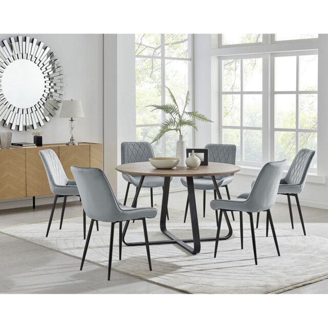 Sandy Classic Wood Effect & Metal Dining Table Set with 6 Luxury Velvet Dining Chairs