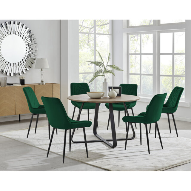 Sandy Classic Wood Effect & Metal Dining Table Set with 6 Luxury Velvet Dining Chairs