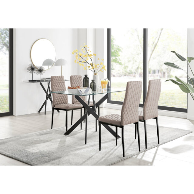 Lenworth Modern Black Metal and Glass Dining Table Set - x4 Luxury Faux Leather Dining Chairs