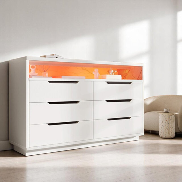 White Marbled 6-Drawer Sideboard With RGB LED Lighting & Shelves, Chest Of Drawers