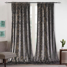 2 Panels Luxury Velvet Curtains Gold Foil Print Blackout Window Curtains, Dark Grey, 132 x 213 cm