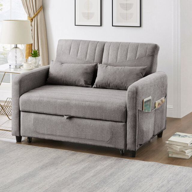 Dark Gray Linen Fabric wo-Seater Fold-Out Sofa, Pull-Out Design  Three-Level Adjustable Backres Sofa Bed with Sleeping Function