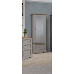 Apache 1 Mirrored Door, 1 Drawer, Compact Wardrobe, Pine, Waxed Finish, Corona Design
