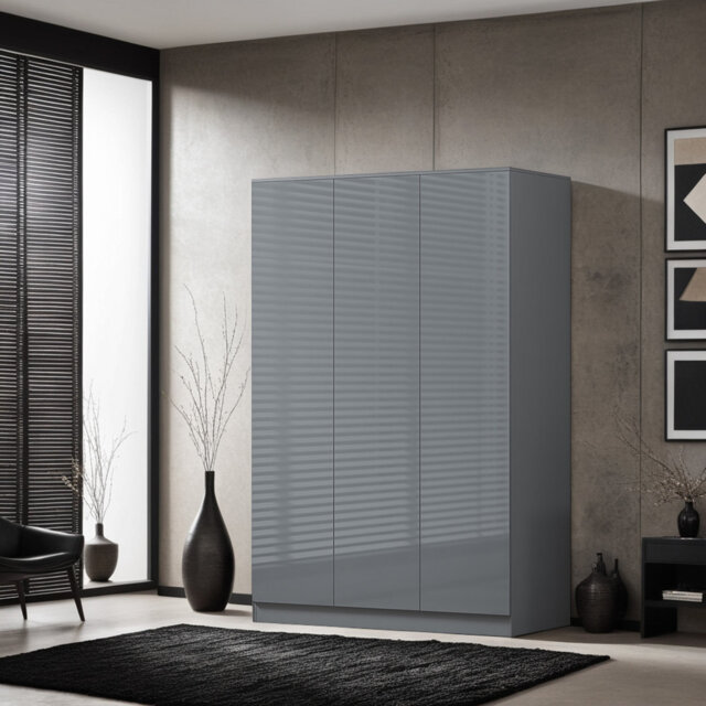 Warren 3 Door Wardrobe - High Gloss Front. Soft-Close Hinged Doors. Modern No-Handle Push-to-Open Feature
