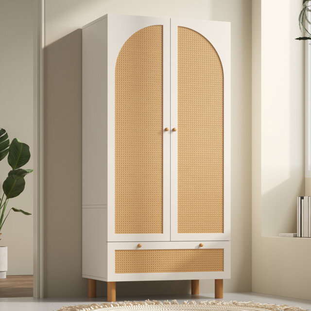 Rattan 2-door Wardrobe With Hanging Rail And Drawer