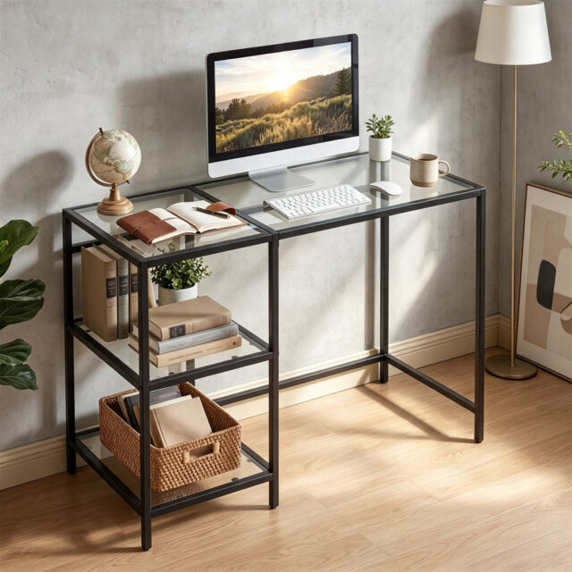 Glass Top Metal Base Computer Desk