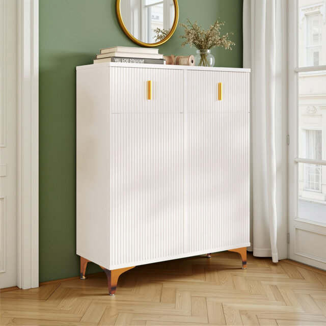 Modern Ribbed Sideboard With Door Cabinet & 2 Drawers, Accent Buffet Cabinet With Adjustable Shelves, Shoe Cabinet With Gold Details