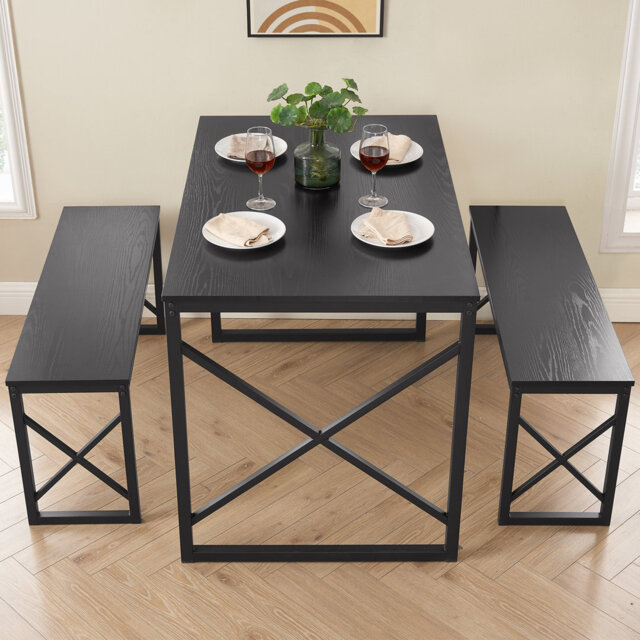 3-Pieces Dining Table Set, Rectangle Dinette With 2 Benches, Metal Frame For Dining Room, Living Room