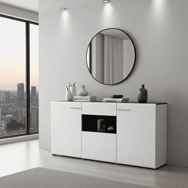 Modern White Gloss 3 Door Sideboard Cabinet With Drawer Stylish Storage Unit For Living Room, Dining Room, Or Hallway173cm