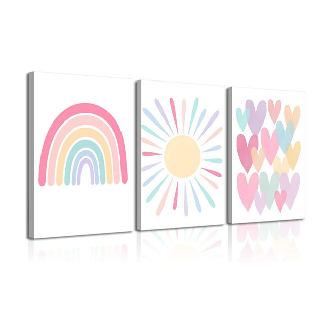 3Pcs Pink Nursery Canvas Wall Art Rainbow Poster Kids Bedroom Baby Girls Toddler Pastel Wall Decor Prints Sun Boho Pink Sunshine Painting For Classroo