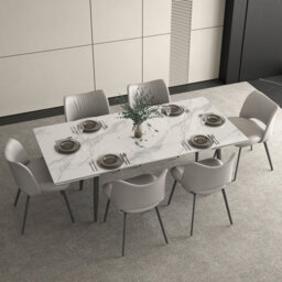 Contemporary Extending Table in Gloss White, 160-240cm Wide for Kitchen and Dining Room, Steel Base（Without chairs）